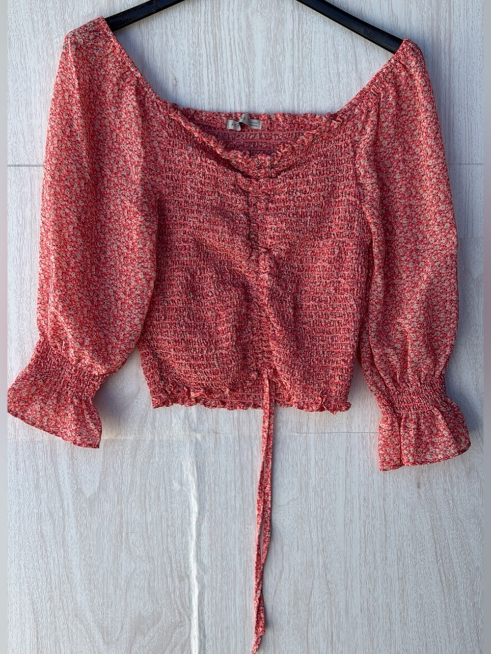 Active USA Coral Floral Smocked Crop Top